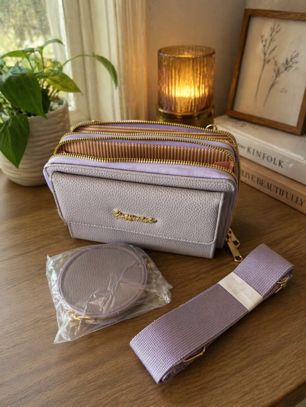 Lilac Zip-Around Wallet with Detachable Strap